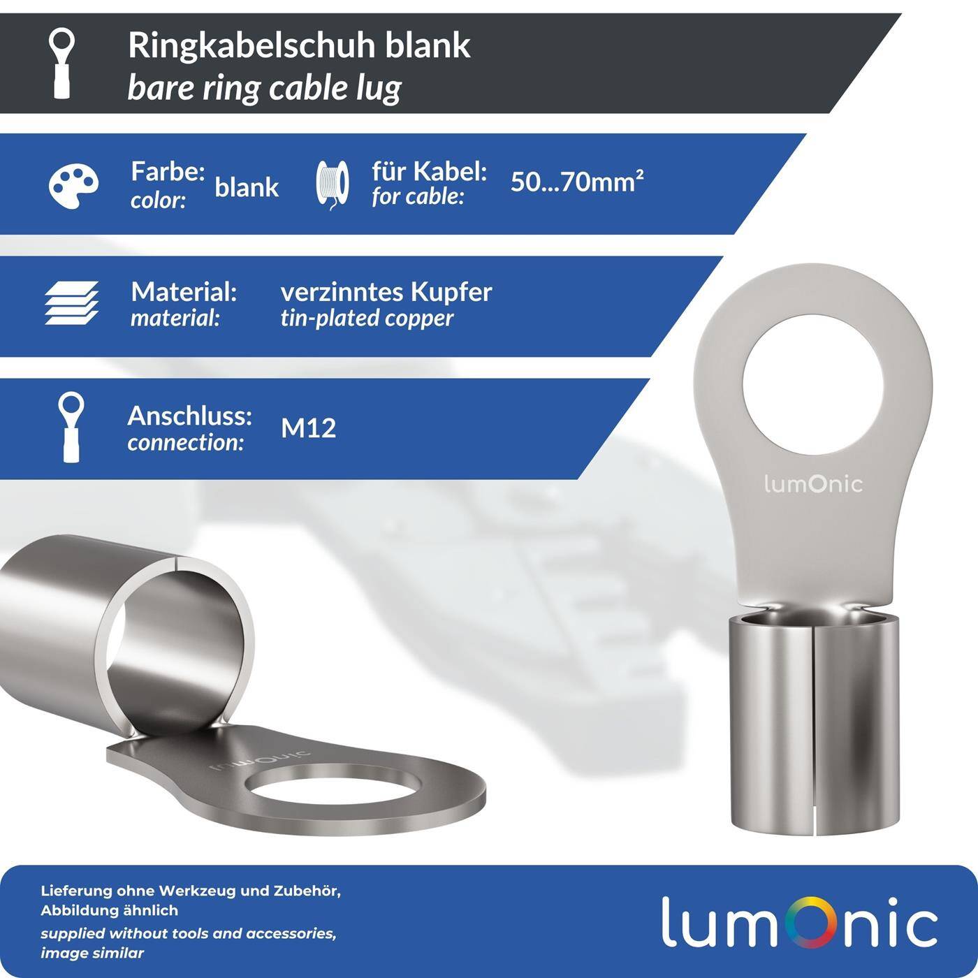 Lumonic 10x Ringkabelschuh 50-70mm² blank | M12 | Kupfer verzinnt | sichere Kabelverbindung ohne Löten | Crimp-Kabelschuh unisoliert | KFZ, Maschinenbau, Wohnmobil, Batterie