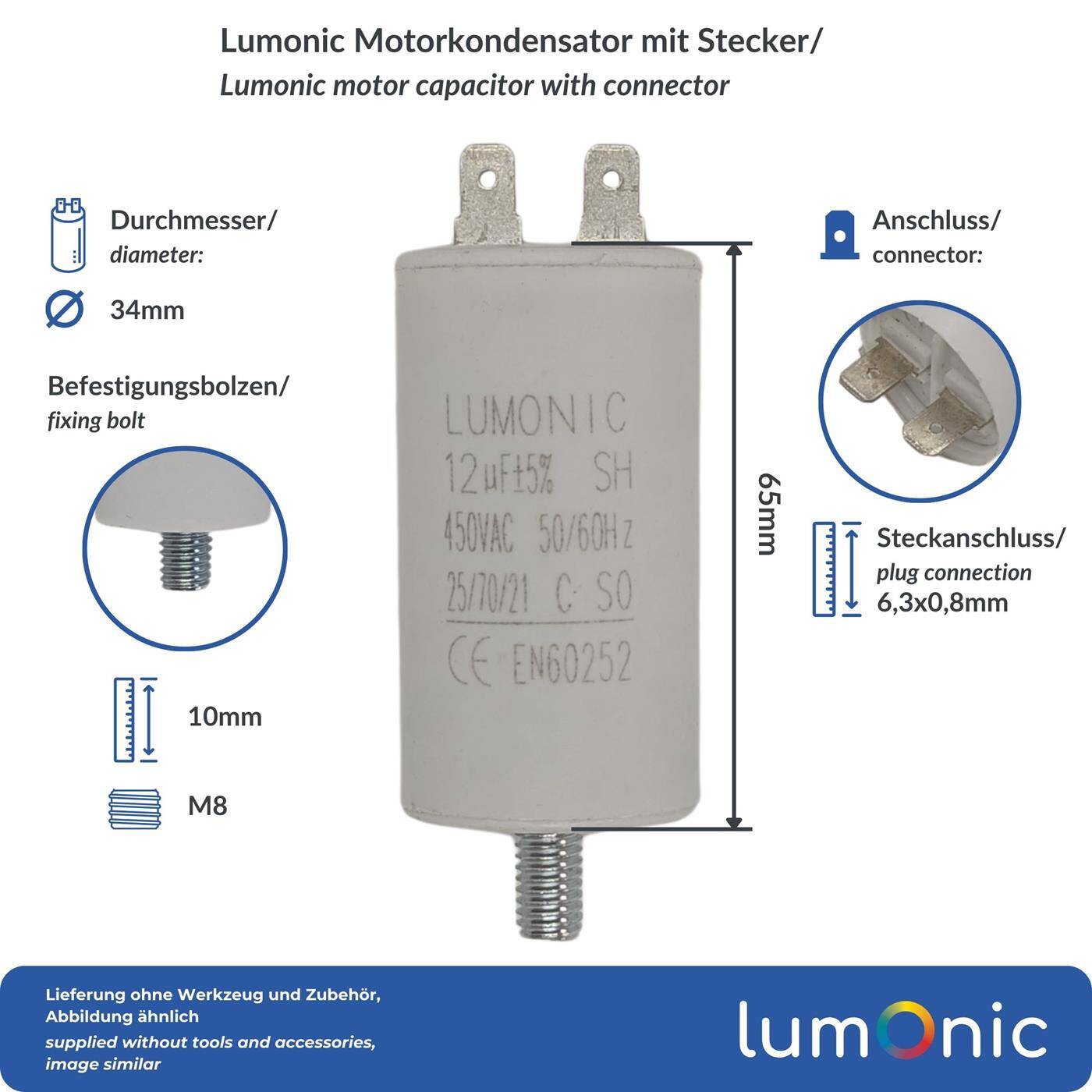 Lumonic Anlaufkondensator 12µF 450V | mit Stecker I 34x65mm I 12uF I Motorkondensator mit Kunststoffgehäuse I Betriebskondensator I für Pumpen, Rasenmäher, Werkzeuge
