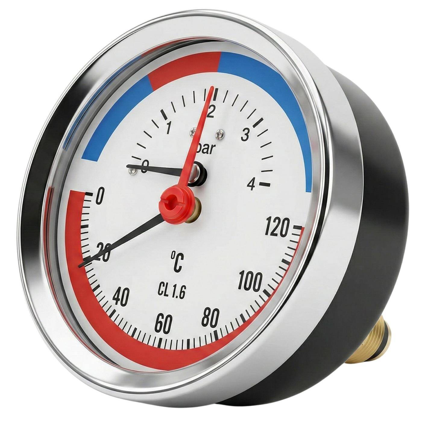 Thermomanometer 4bar 0-120°C 1/4 + 1/2 inch (adapter) Rear connection Ø 80mm large scale Heating pressure gauge Metal housing