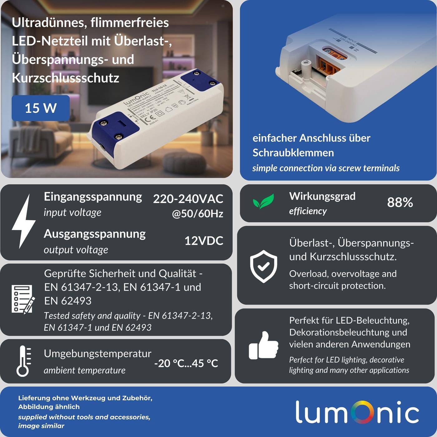Lumonic I LED Trafo TLV-15-12 I 12V 15W I Input 220-240VAC I flimmerfrei & ultradünn I Überlastschutz I LED-Netzteil I für LED-Beleuchtung & LED-Streifen