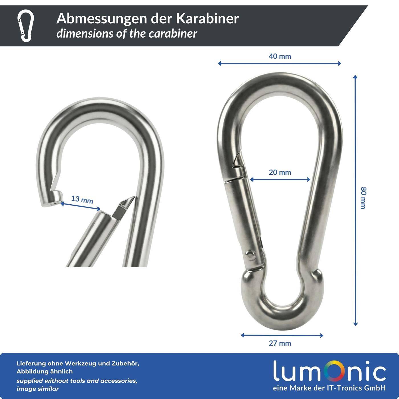 Lumonic Standard V4A stainless steel carabiner | 8x80mm | Stainless + seawater resistant | for awnings, hammocks, dogs, camping