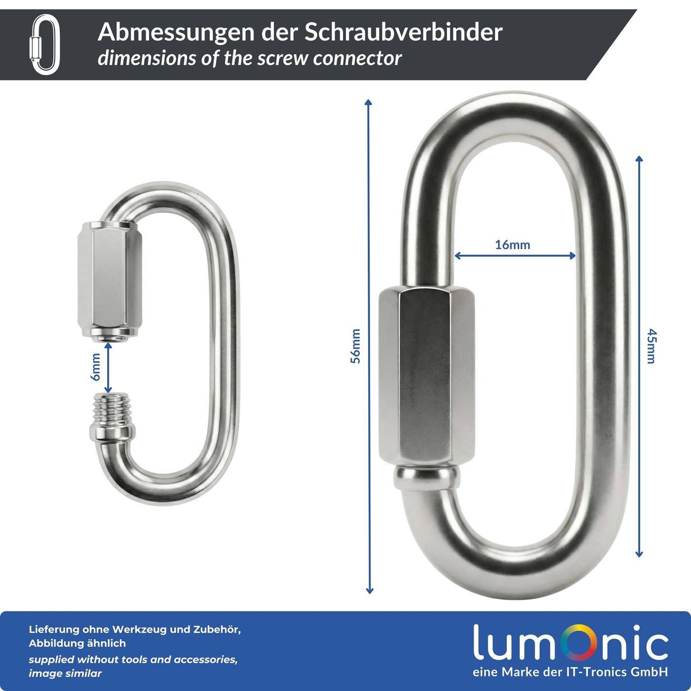 Lumonic Screw connector V4A stainless steel 6mm | d6x60mm | Stainless + seawater resistant | Hexagonal lock | Chain emergency link | Awning, garden