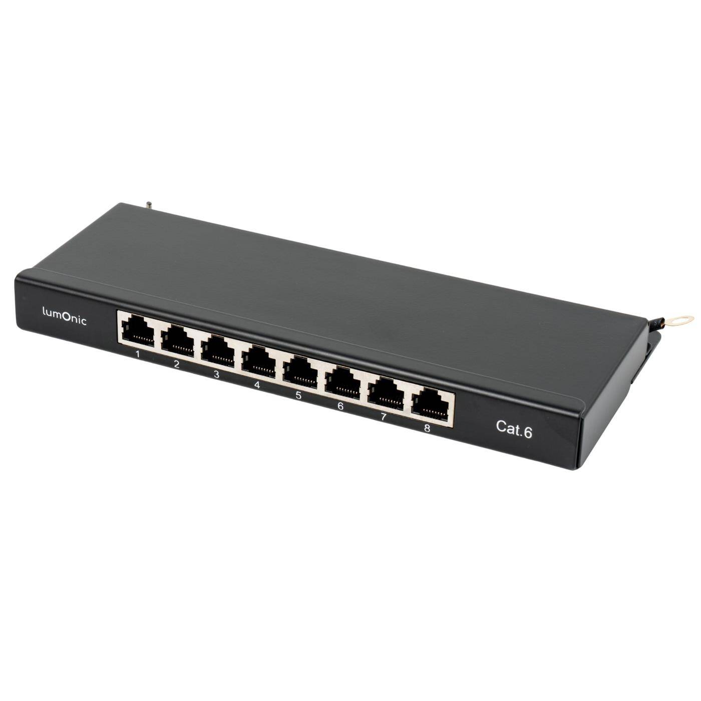 Lumonic 10" Patchpanel Desktop CAT6 | 8 Port, kompakte 0,5HE | LSA-Montage, T568A/B farbcodiert | freistehend, Wandmontage | geschirmtes schwarzes Patchfeld | 1 Gbit/s + PoE