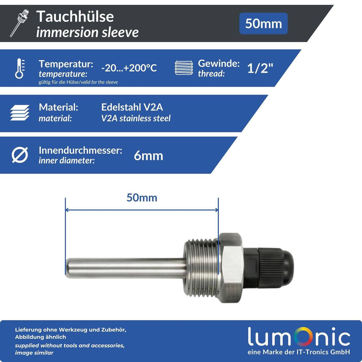 Immersion sleeve V2A stainless steel 1/2 inch 50mm for 6mm temperature sensor for solar heating buffer tank + Smart Home