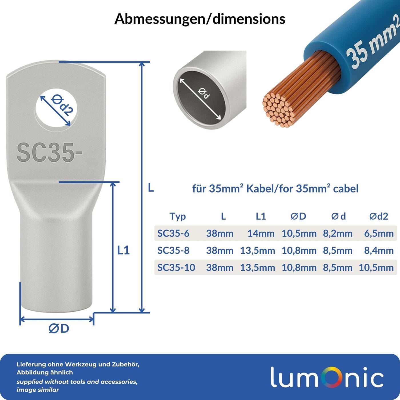 Rohrkabelschuh blank 35mm² Lochdurchmesser M10 SC35-10 Ringzunge Kupfer verzinnt