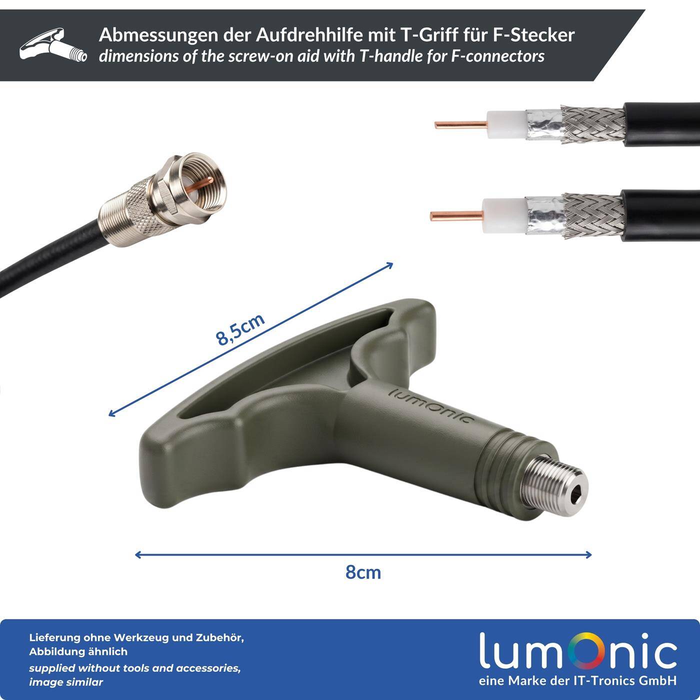 Lumonic Aufdrehhilfe mit T-Griff für F-Stecker - F-Knebel, F-Montageschlüssel, Aufnahme mit Metallgewinde, kraftschonendes Aufdrehen, für Verteilerschrank und SAT