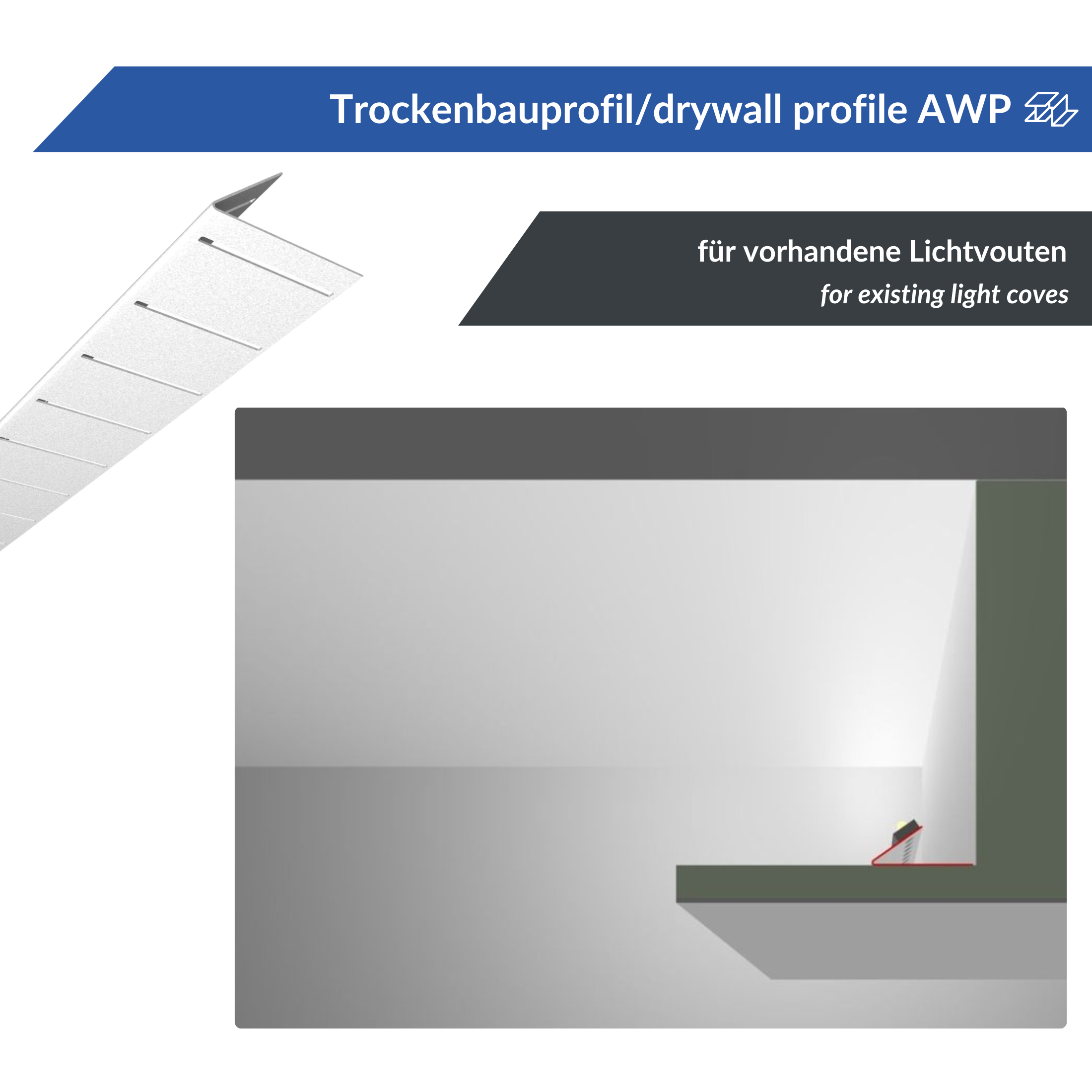 Abbildung eines Trockenbauprofils für bestehende Lichtvouten mit LED Trockenbauprofil. Im oberen Bereich ist ein Profil mit Schrauben zu sehen, im unteren eine Raumecke mit Voute und hervorgehobenem LED-Bereich.