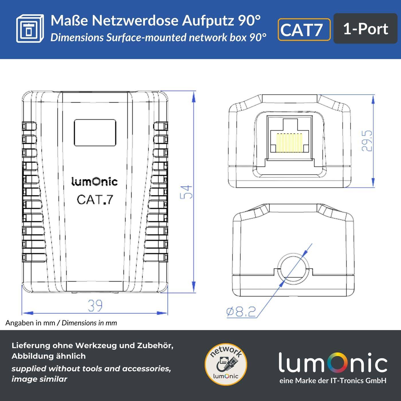 10er Set Netzwerkdose Aufputz CAT7, 1-Port RJ45, Anschluss unten, ohne Stemmen nachrüsten, LSA-Montage, T568A/B farbcodiert, ABS Kunststoffgehäuse, weiß, Ethernet-Dose bis zu 10 Gbit/s