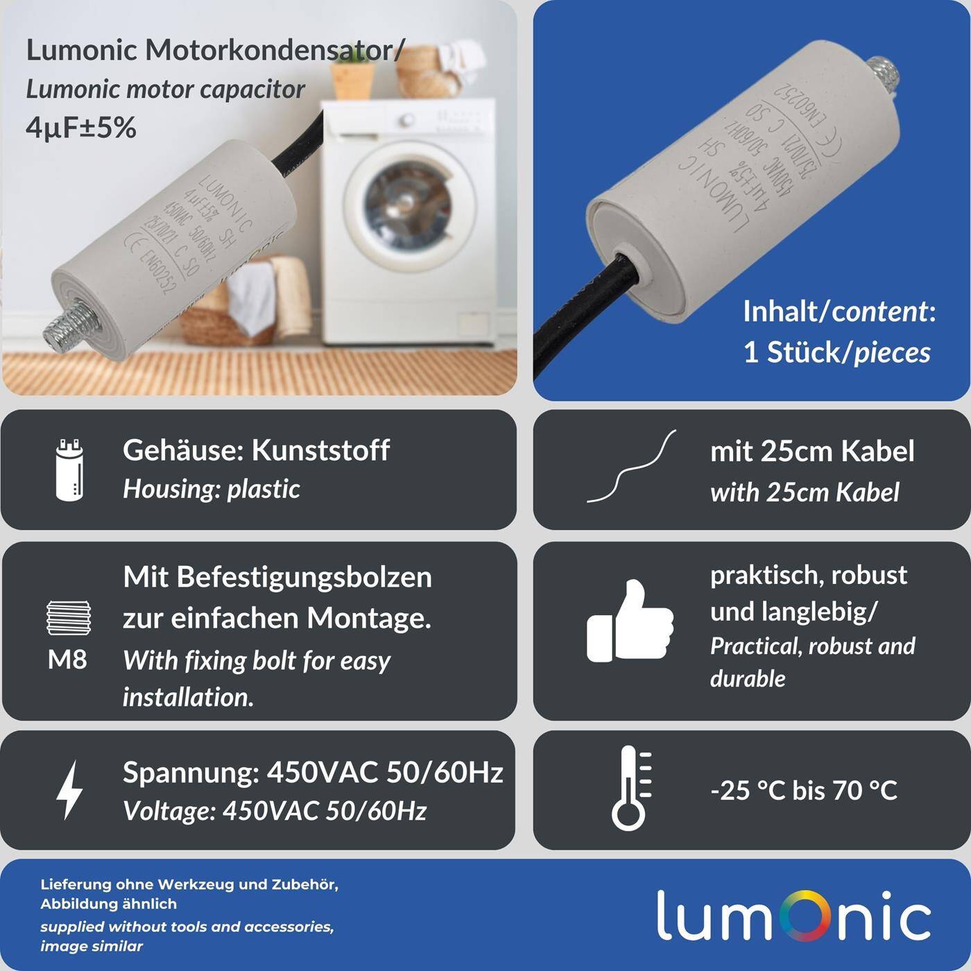 Lumonic Anlaufkondensator 4µF 450V | mit Kabel I 26x55mm I 4uF I Motorkondensator mit Kunststoffgehäuse I Betriebskondensator I für Pumpen, Rasenmäher, Werkzeuge