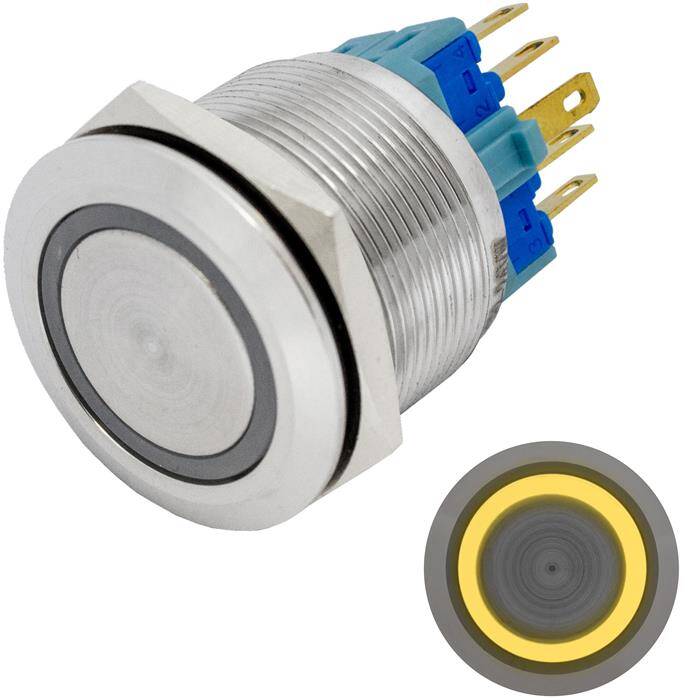 Edelstahl Druckschalter Flach Ø25mm Ring LED Gelb IP65 2,8x0,5mm Pins 250V 3A Vandalismussicher