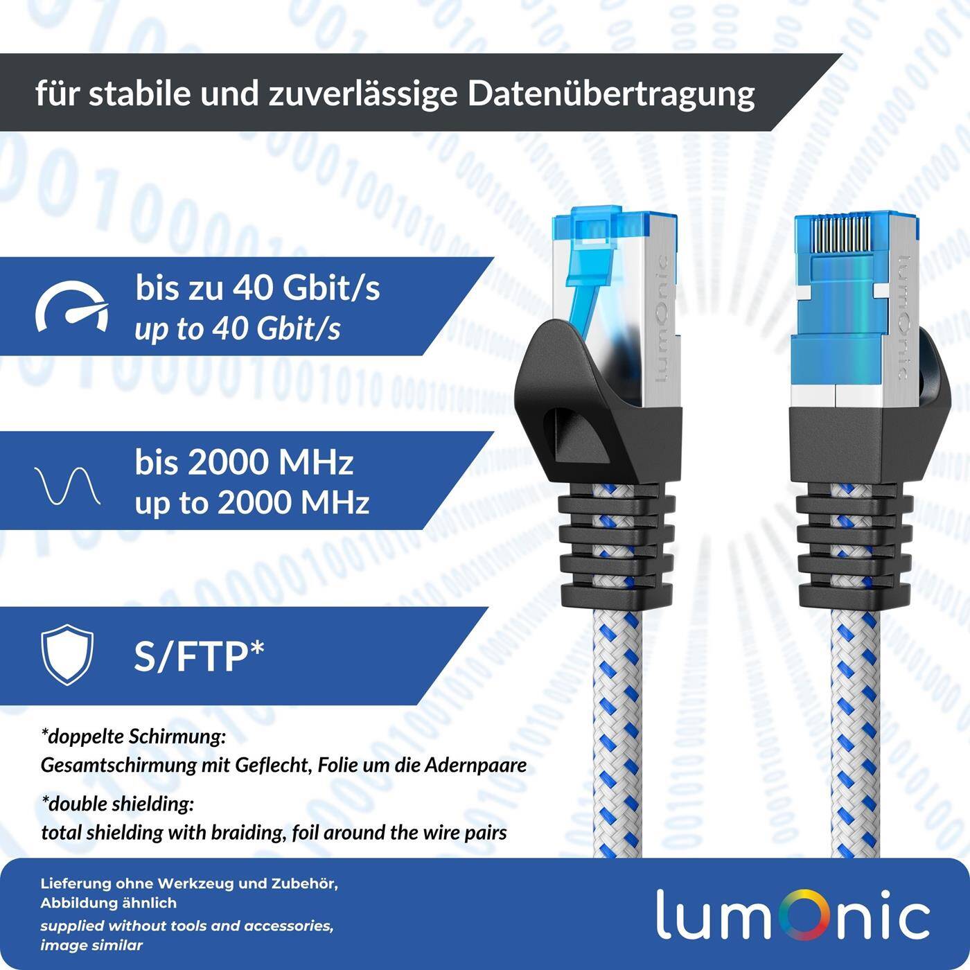 Lumonic CAT8.1 Patchkabel S/FTP 0,5m | RJ45 | Weiß Blau Premium Nylon Optik | Ethernet LAN | Netzwerkkabel