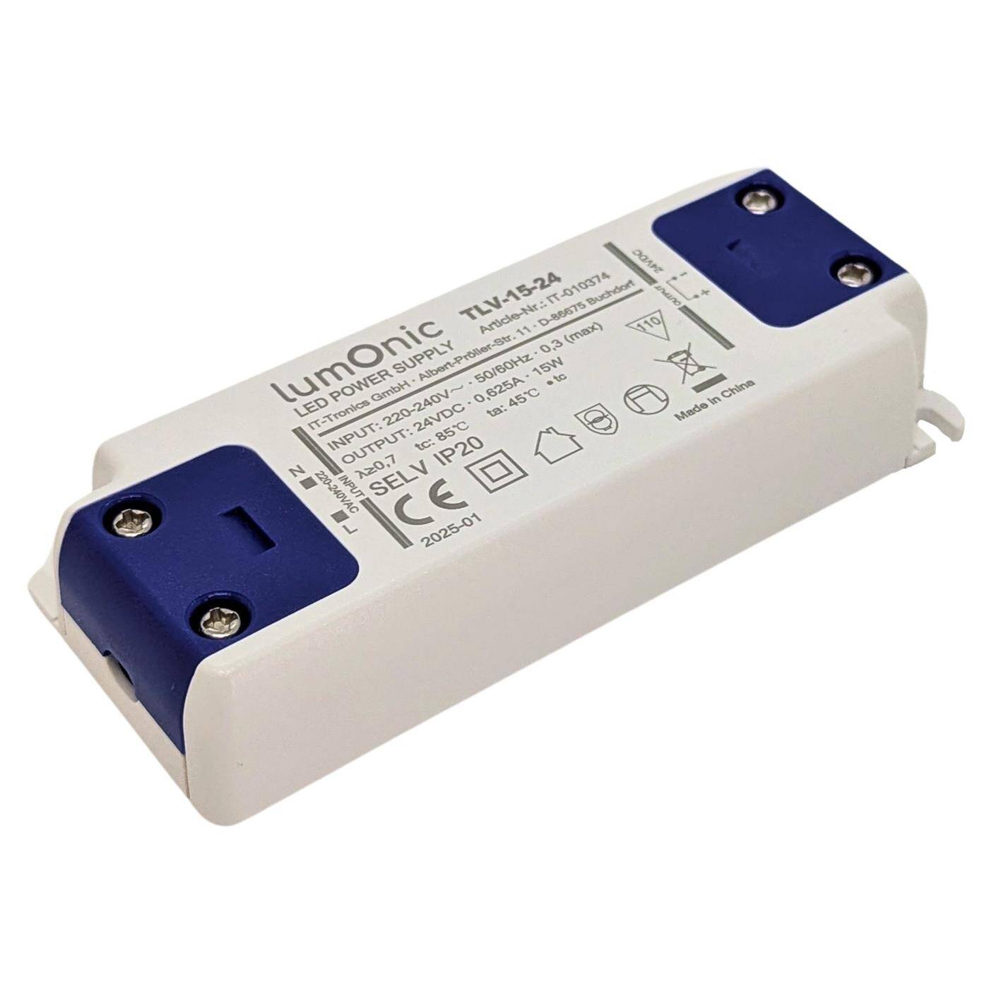 Lumonic I LED transformer TLV-15-24 I 24V 15W I Input 220-240VAC I flicker-free I Overload protection I LED power supply unit I for LED lighting