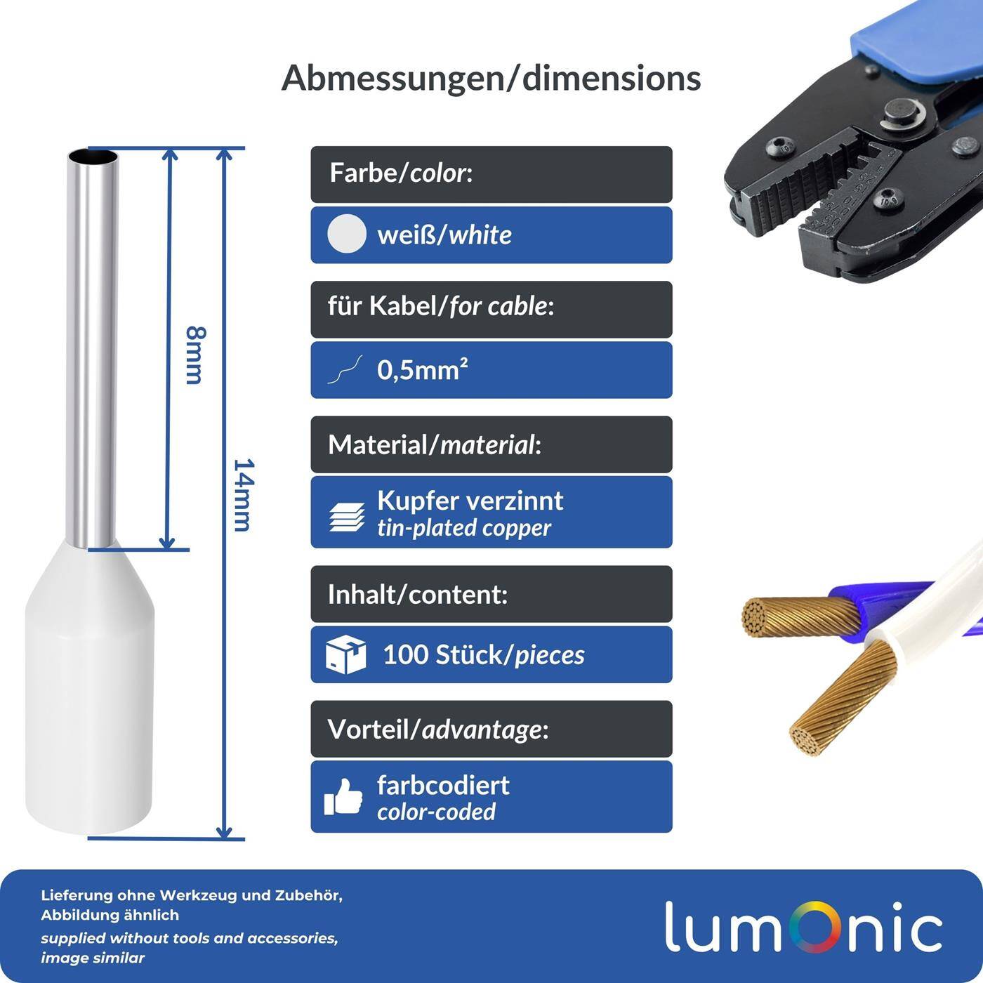 100x Aderendhülse isoliert 0,5mm² Weiß Kupfer verzinnt 1x8mm Hülse