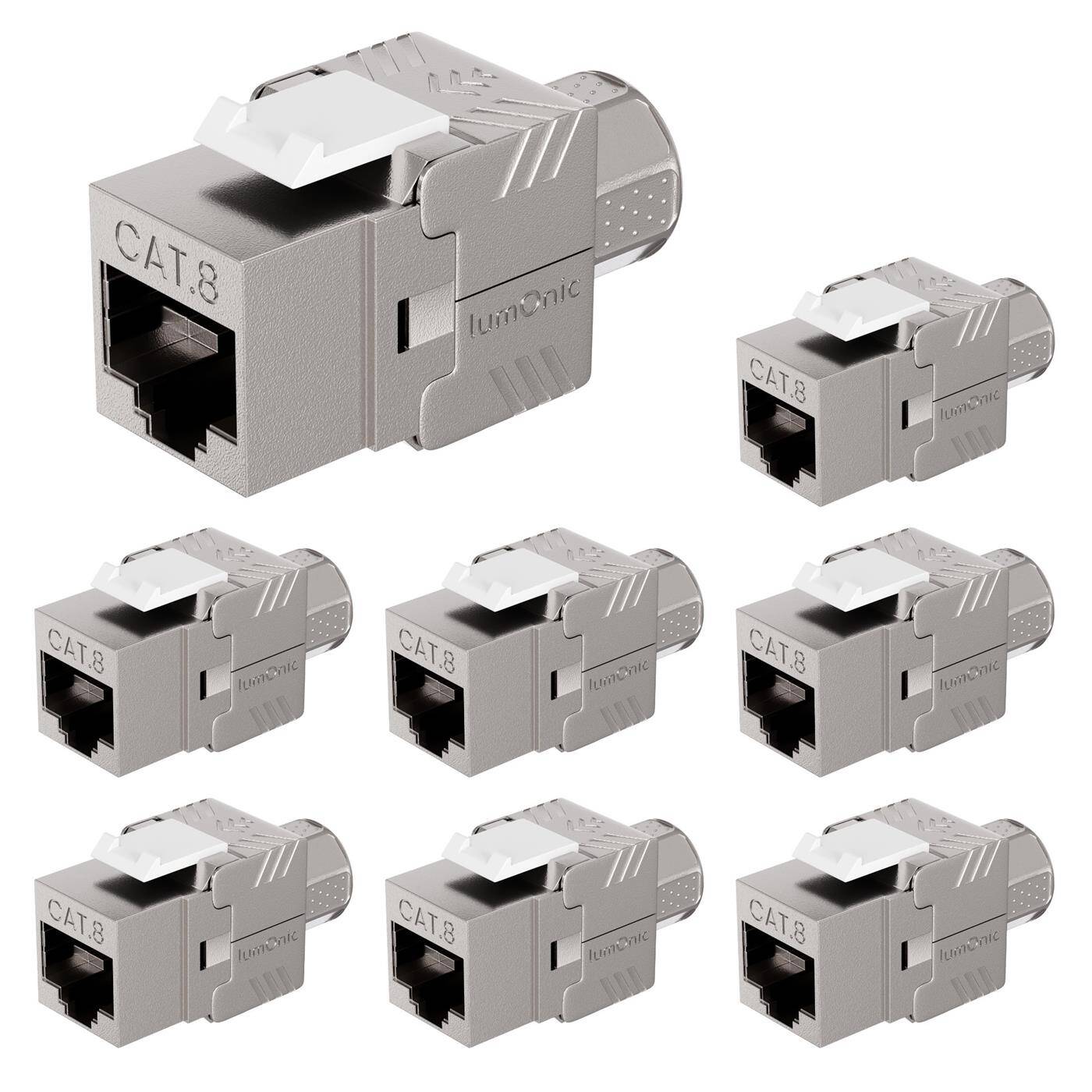 8er Set Premium Keystone RJ45 CAT8.1, einfache, werkzeuglose Montage, T568A/B farbcodiert, für Wanddose + Patchpanel, PoE, bis 40Gbit/s, 360° Schirmung, Zugentlastung durch Überwurfmutter, Metallgehäuse, Jack Modul