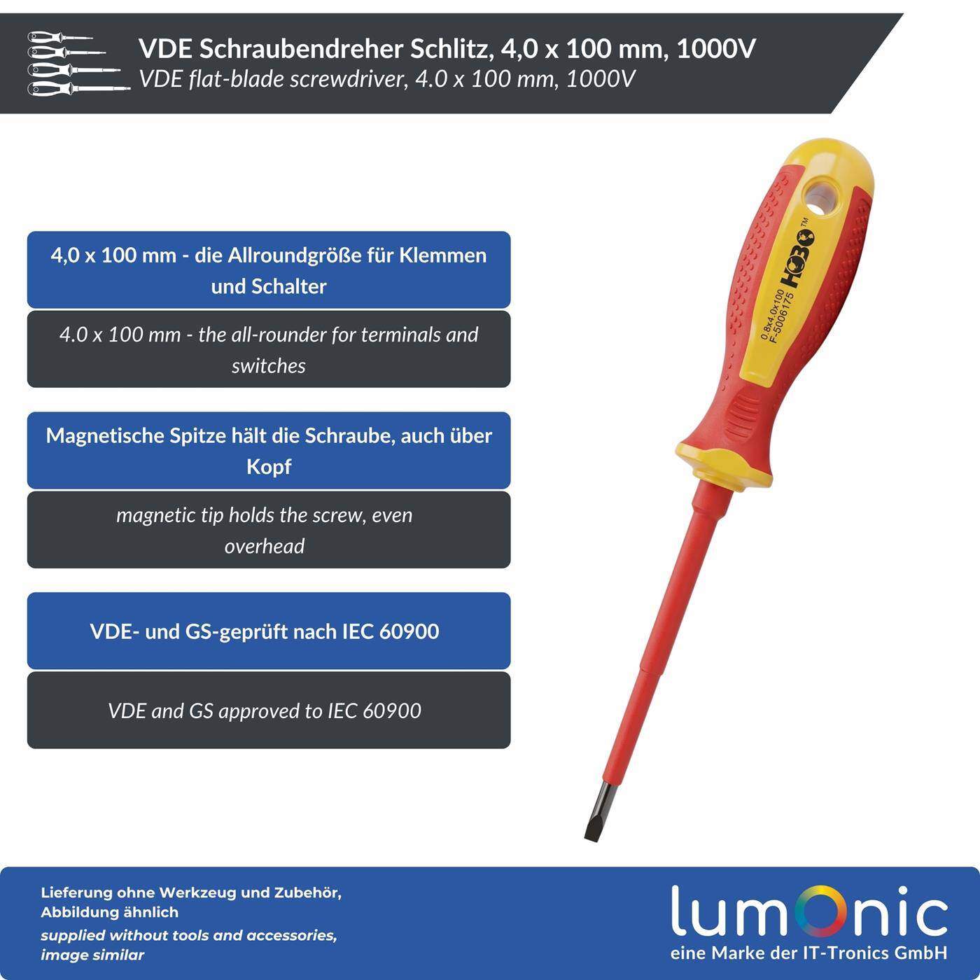 Lumonic VDE Flat-Blade Screwdriver, 4.0 x 100 mm, 1000 V — S2 steel, blued, magnetic tip, two-component handle, for terminals, switches, and control cabinets