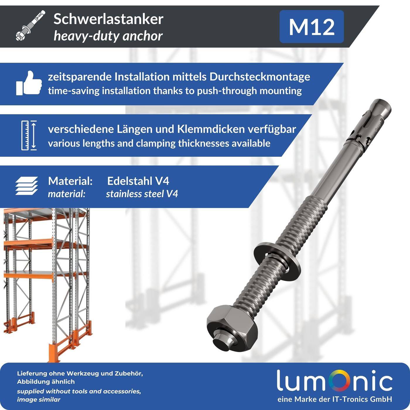 Lumonic Schwerlastdübel M12 x 125mm | hochwertige Edelstahl V2A Keilanker | Durchsteckmontage,  | Betonanker, Schwerlastanker | für Überdachungen, Geländer, Regale, Trennwände