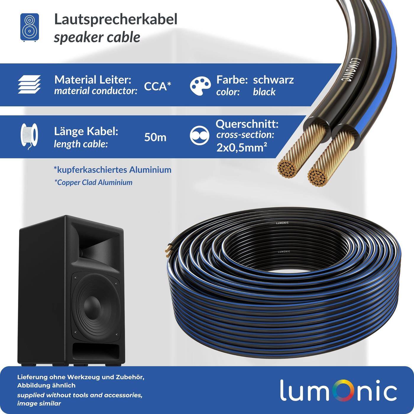 Lumonic Speaker cables | 50m Black | 2x 0,5mm² CCA | Blue marking HiFi speaker cable | Audio twin line