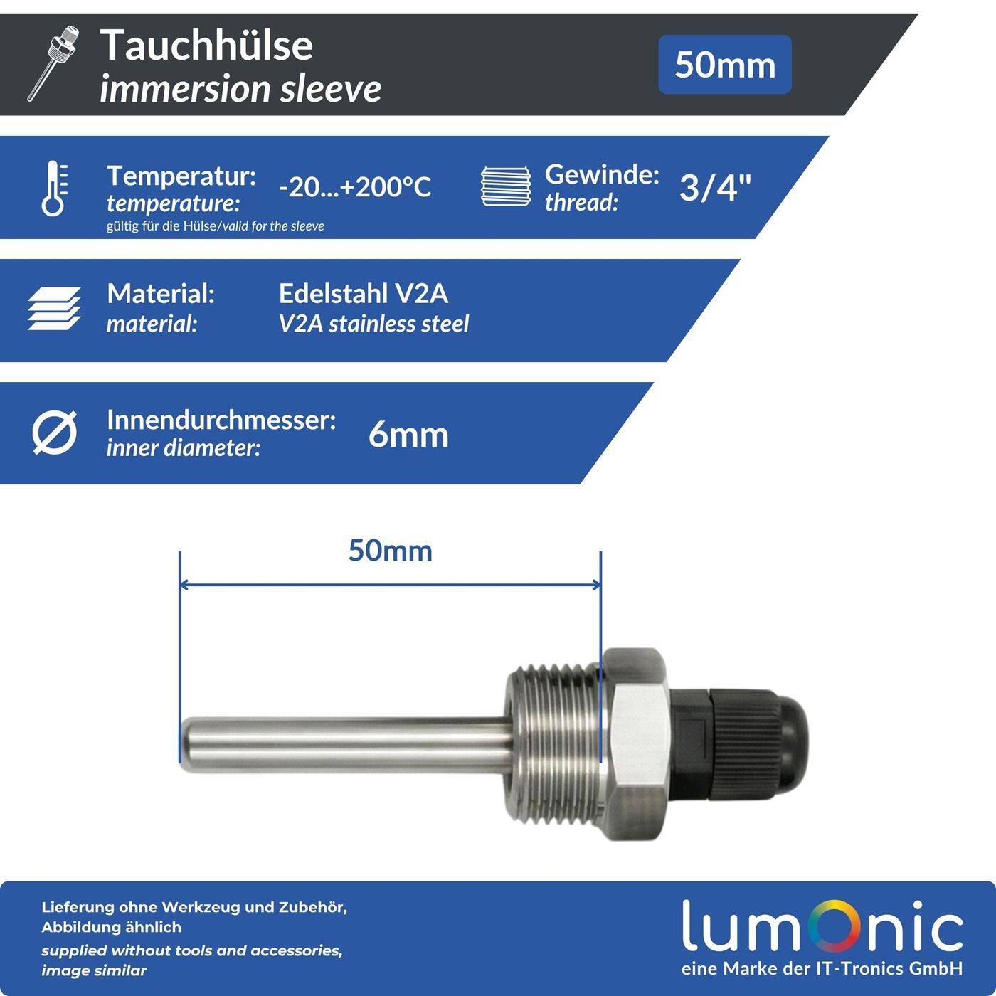 Lumonic Set of 2 immersion sleeves V2A stainless steel 3/4 inch | 50mm Installation length | Perfect fit for 6mm temperature sensors | for buffer storage, heating, solar + smart home