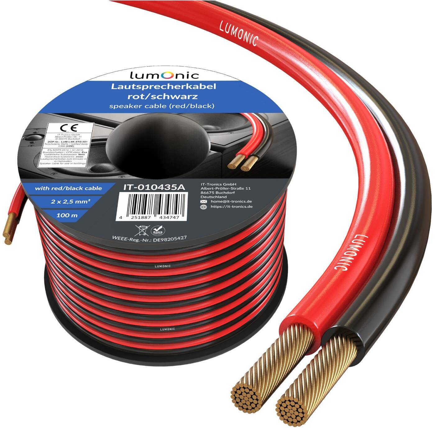 Lumonic Speaker cables | 100m Red Black | 2x 2,5mm² CCA | HiFi speaker cable | Audio twin line