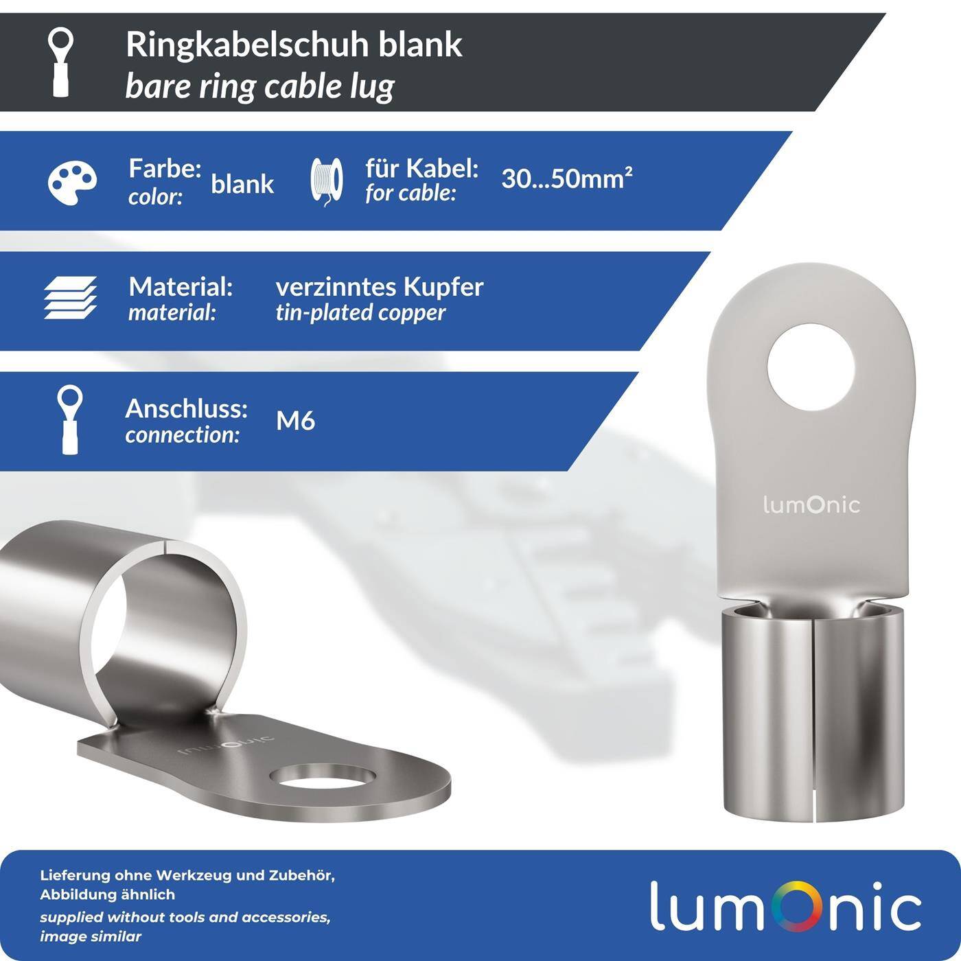 Lumonic 10x Ringkabelschuh 30-50mm² blank | M6 | Kupfer verzinnt | sichere Kabelverbindung ohne Löten | Crimp-Kabelschuh unisoliert | KFZ, Maschinenbau, Wohnmobil, Batterie