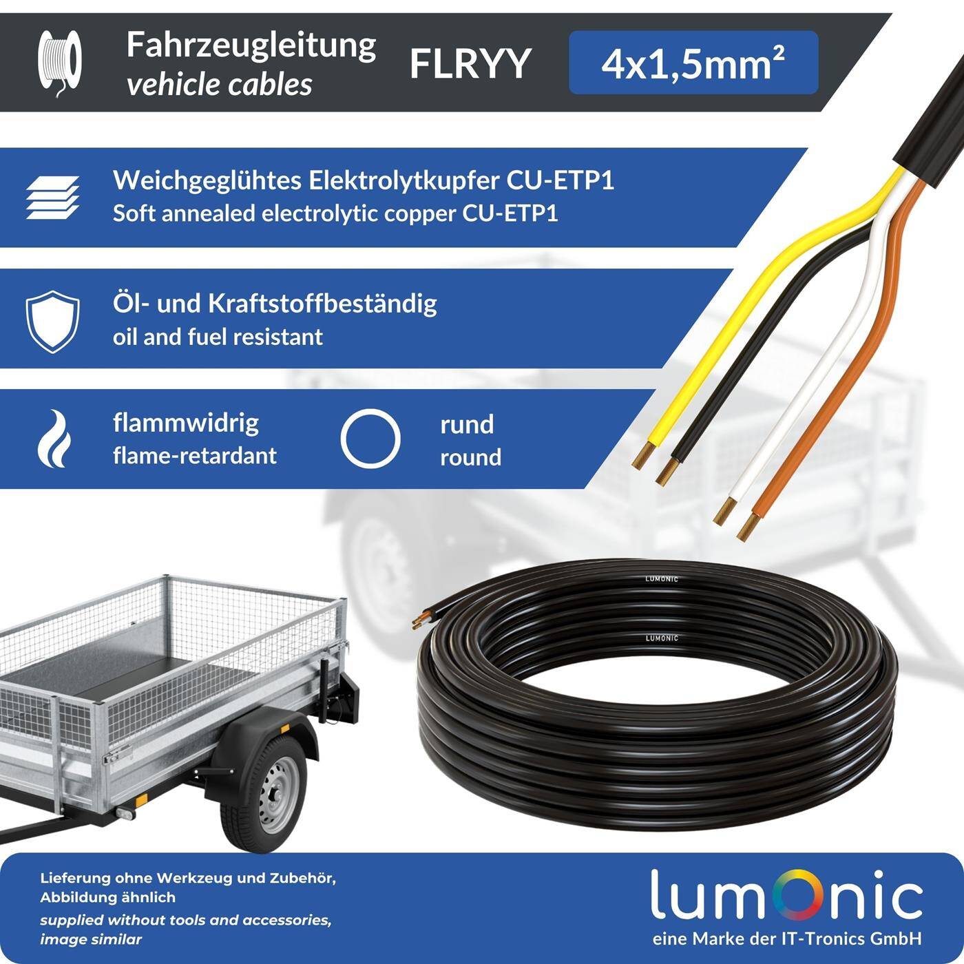 1m FLRYY Vehicle cable 4x1,5mm² round Cable CAR Trailer cable Low voltage