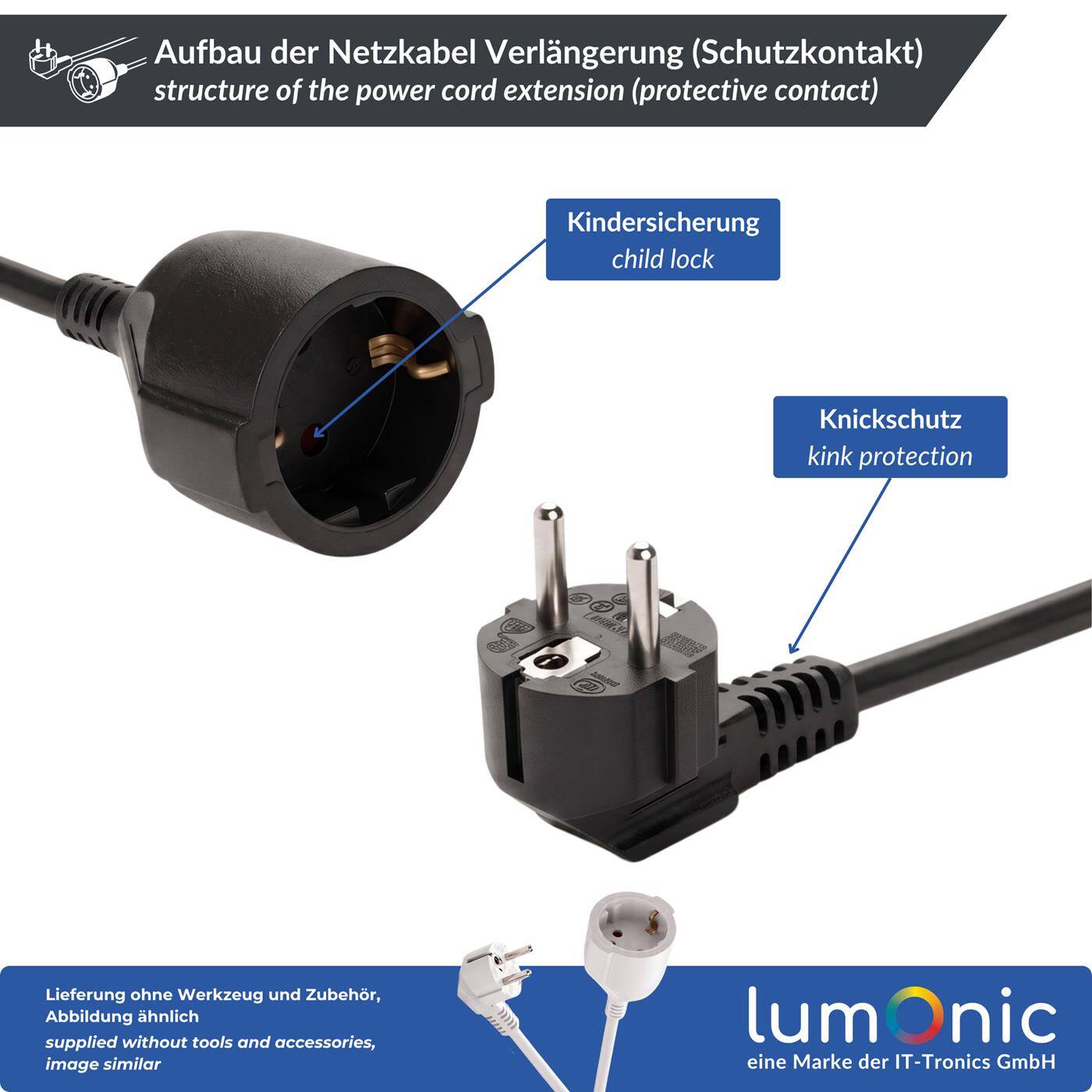 Lumonic Schuko Verlängerungskabel Weiß, 10 m, 230 V - Kindersicherung in der Buchse, für Waschmaschine und Geschirrspüler, Knickschutz am Stecker