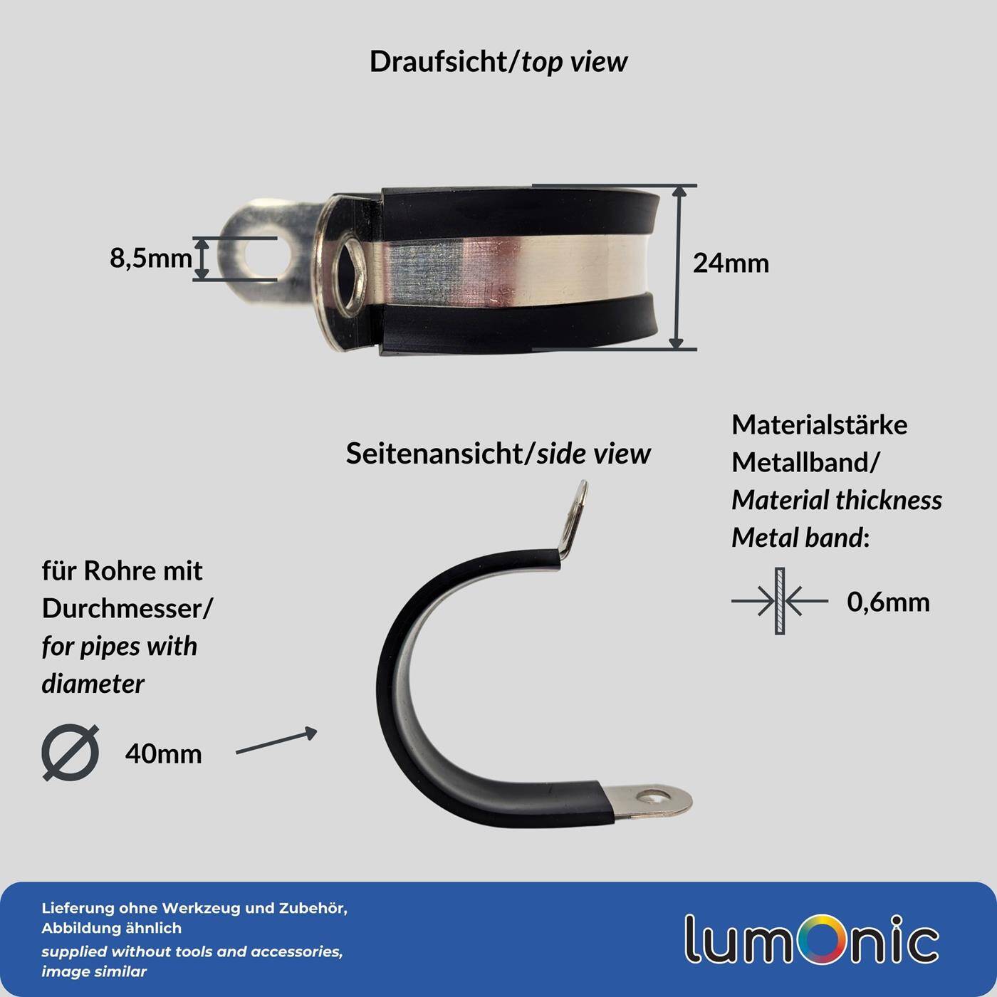 Lumonic 5x 40mm Rohrschellen mit Gummieinlage Edelstahl V2A I Kabelschellen zum Schrauben I Schlauchschelle 40mm, Rohrschellen, Befestigungsschelle 40mm, Rohrhalterung