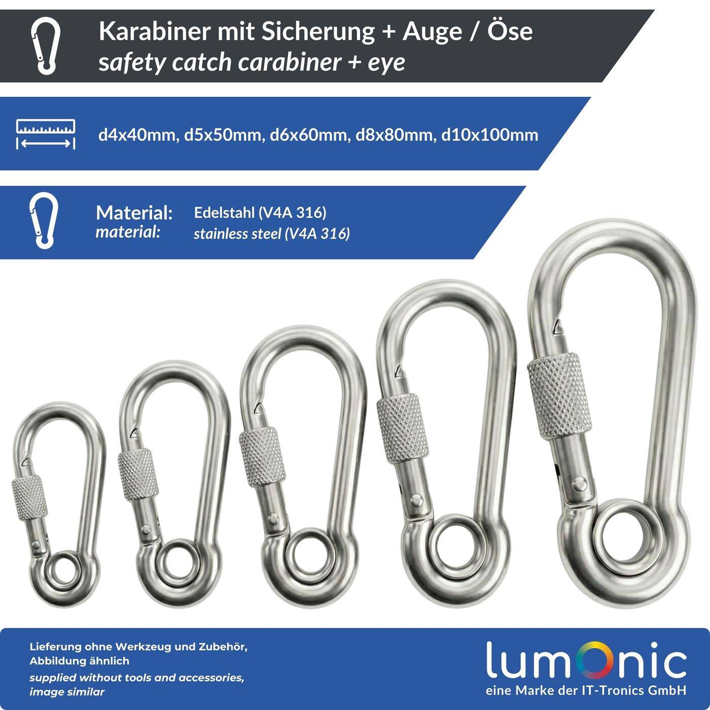 Lumonic Carabiner with safety catch + eye V4A stainless steel | 8x80mm | Stainless + seawater resistant | Prevents twisting + no accidental opening | for awnings, hammocks, dogs, camping