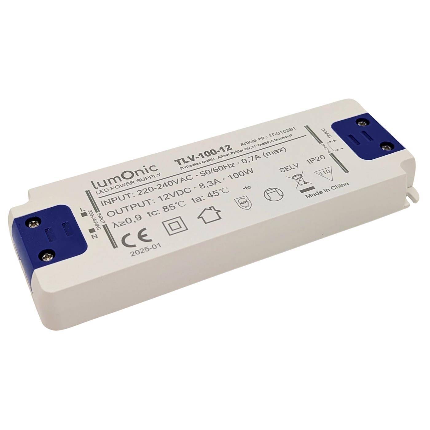 Lumonic I LED transformer TLV-100-12 I 12V 100W I Input 220-240VAC I flicker-free I Overload protection I LED power supply unit I for LED lighting
