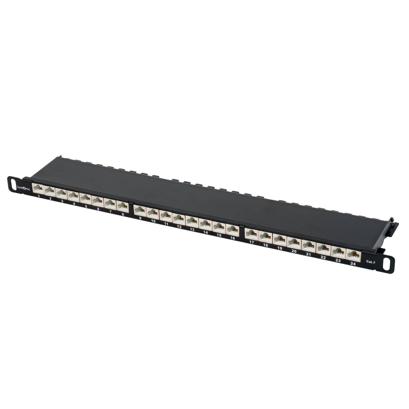 19" Patchpanel CAT7, 24 Port, platzsparende 0,5HE, LSA-Montage, T568A/B farbcodiert, Rackmontage, geschirmtes, schwarzes Patchfeld, Kabelmanagement, 10 Gbit/s PoE
