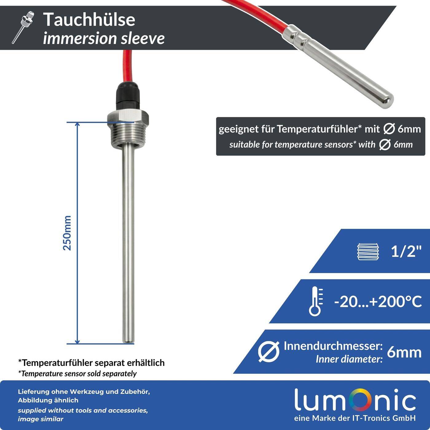 Immersion sleeve V2A stainless steel 1/2 inch 250mm for 6mm temperature sensor for solar heating buffer tank + Smart Home