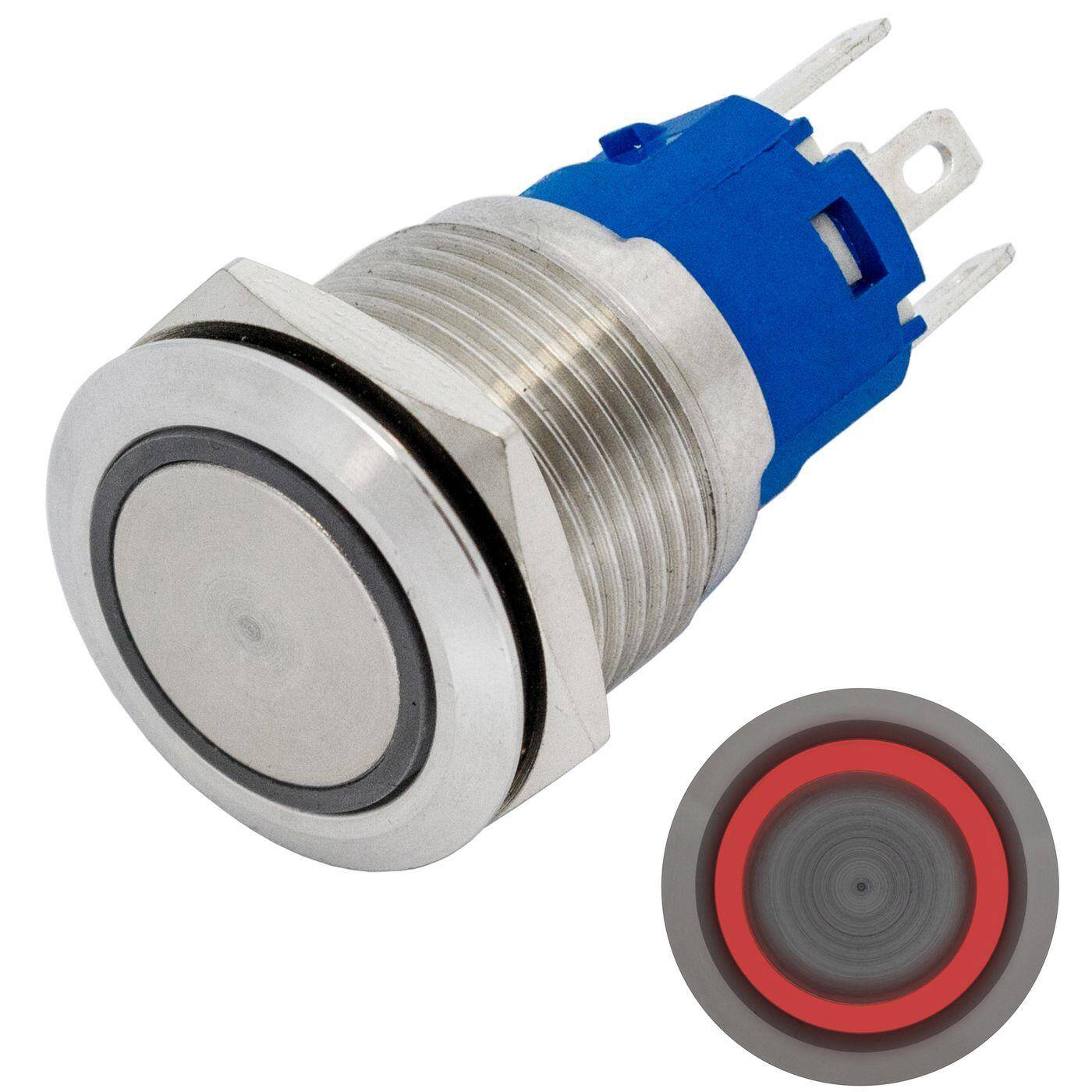 Lumonic Edelstahl Drucktaster flach 19mm Durchmesser I Mit einer Ring LED in Rot Maße: 2,8x0,5mm Pin s 250V 3A I Vandalismussicher nach dem IP65 Standard