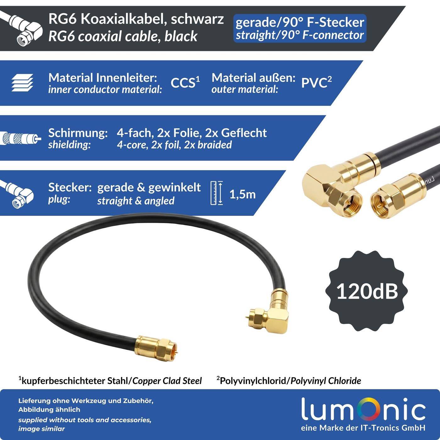 Lumonic 1,5m Antennenkabel RG6 | vergoldete F-Stecker gerade & 90° gewinkelt | schwarz | 4-fach geschirmt 120dB | fertig konfektioniert | Koaxialkabel, Sat Kabel, DVB-T2, Kabelinternet
