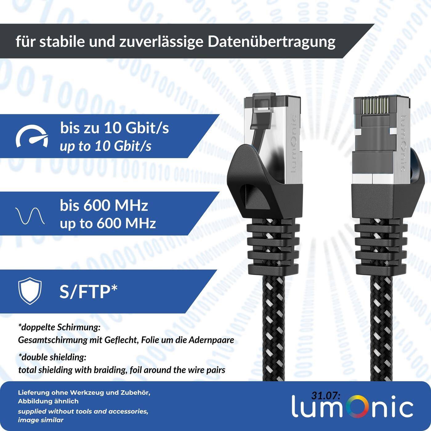 Lumonic CAT7 Patch Cable S/FTP 0,25m | RJ45 | Black White Premium nylon look | Ethernet LAN | Network cable