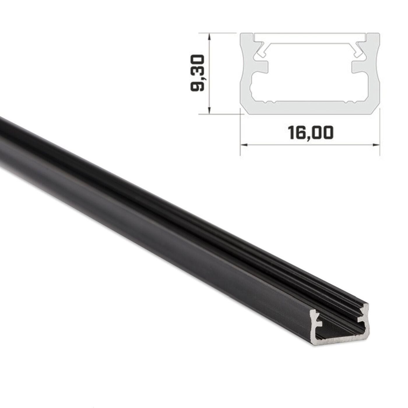 1m LED profile A Black 16x9,3mm Aluminium Mounting profile for 12mm LED strips