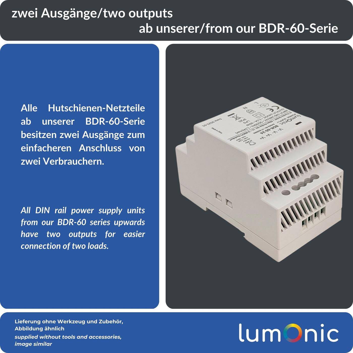 Lumonic I Netzteil Hutschiene BDR-60-24 I 24V / 60W I Input 100-240VAC I Überlastschutz & kurzschlussfest I DIN-Rail Schaltnetzteil I Schaltschrank & Verteilerkasten