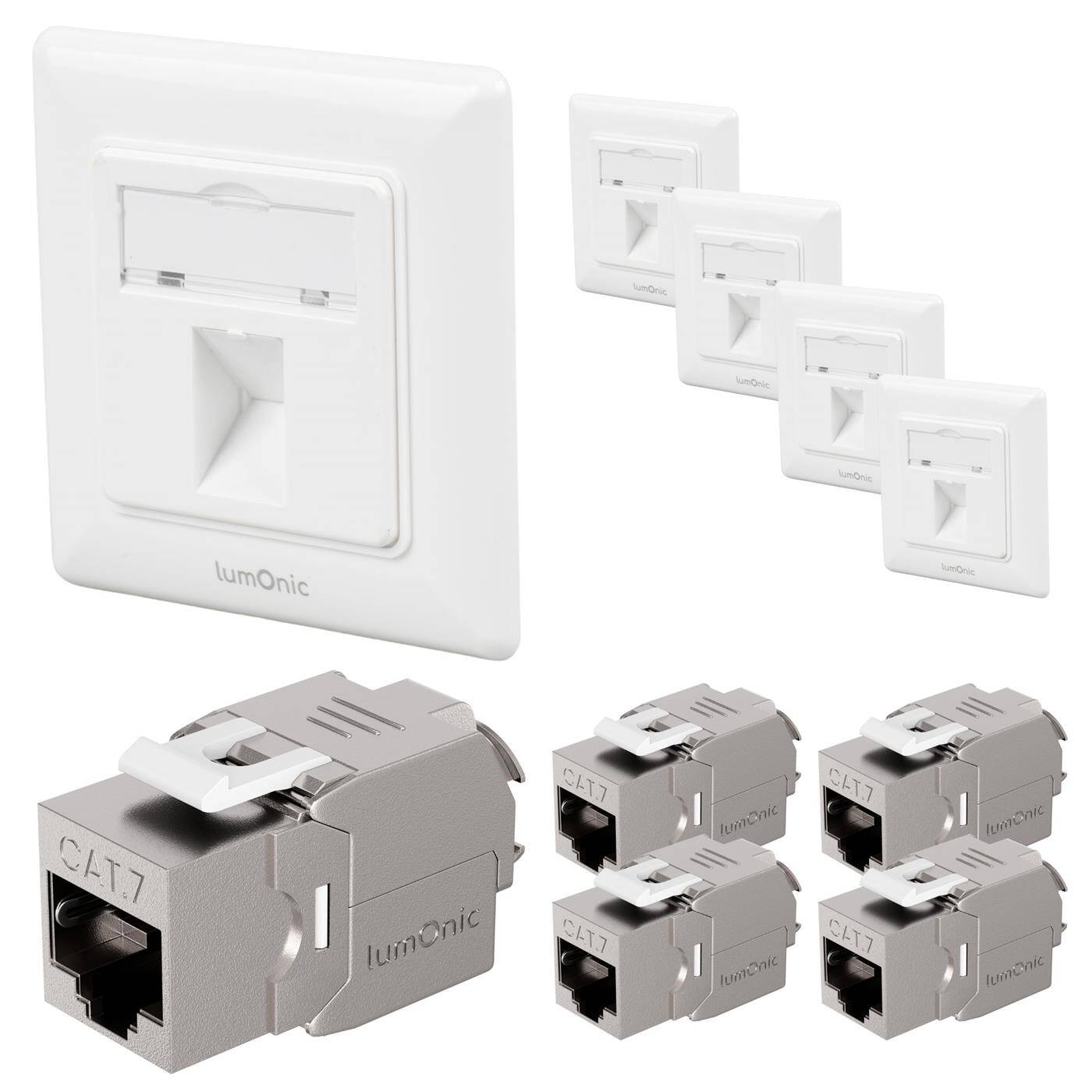 Set of 5 Keystone flush-mounted frame CAT7 module included, 1-port snap-in I tool-free assembly, Standard 55 system, Ethernet socket up to 10 Gbit for AWG22-24, RJ45 fully shielded,