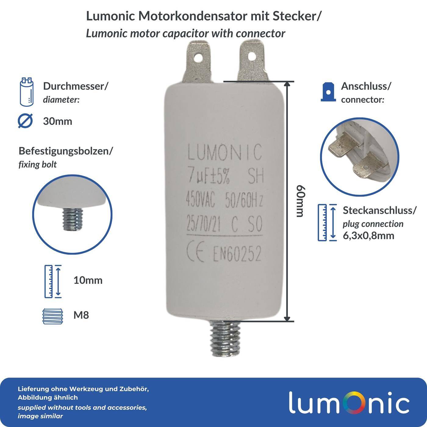 Lumonic Anlaufkondensator 7µF 450V | mit Stecker I 30x60mm I 7uF I Motorkondensator mit Kunststoffgehäuse I Betriebskondensator I für Pumpen, Rasenmäher, Werkzeuge