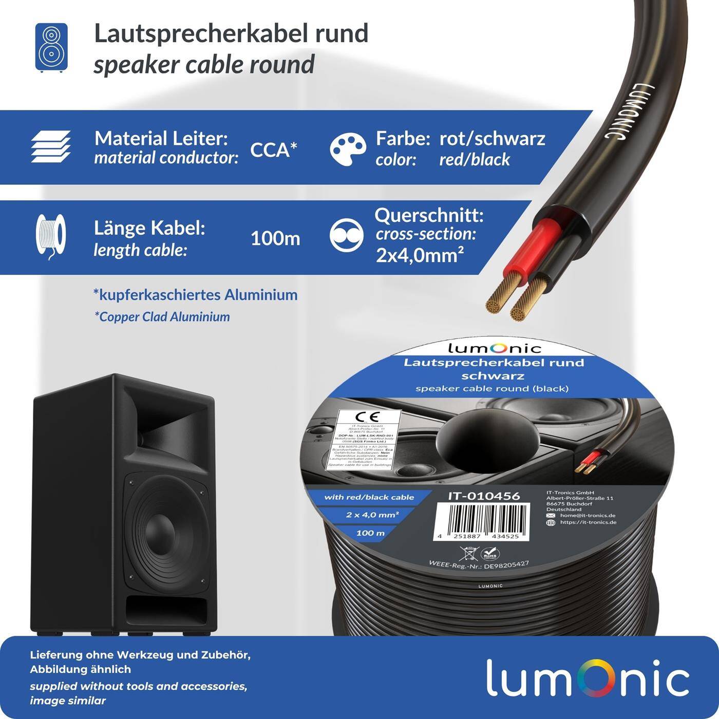 Lumonic Lautsprecherkabel 100m Schwarz  | 2x 4mm² CCA | HiFi Boxenkabel | Audio Rundkabel | Profi PA Installations- Audio- Rundkabel