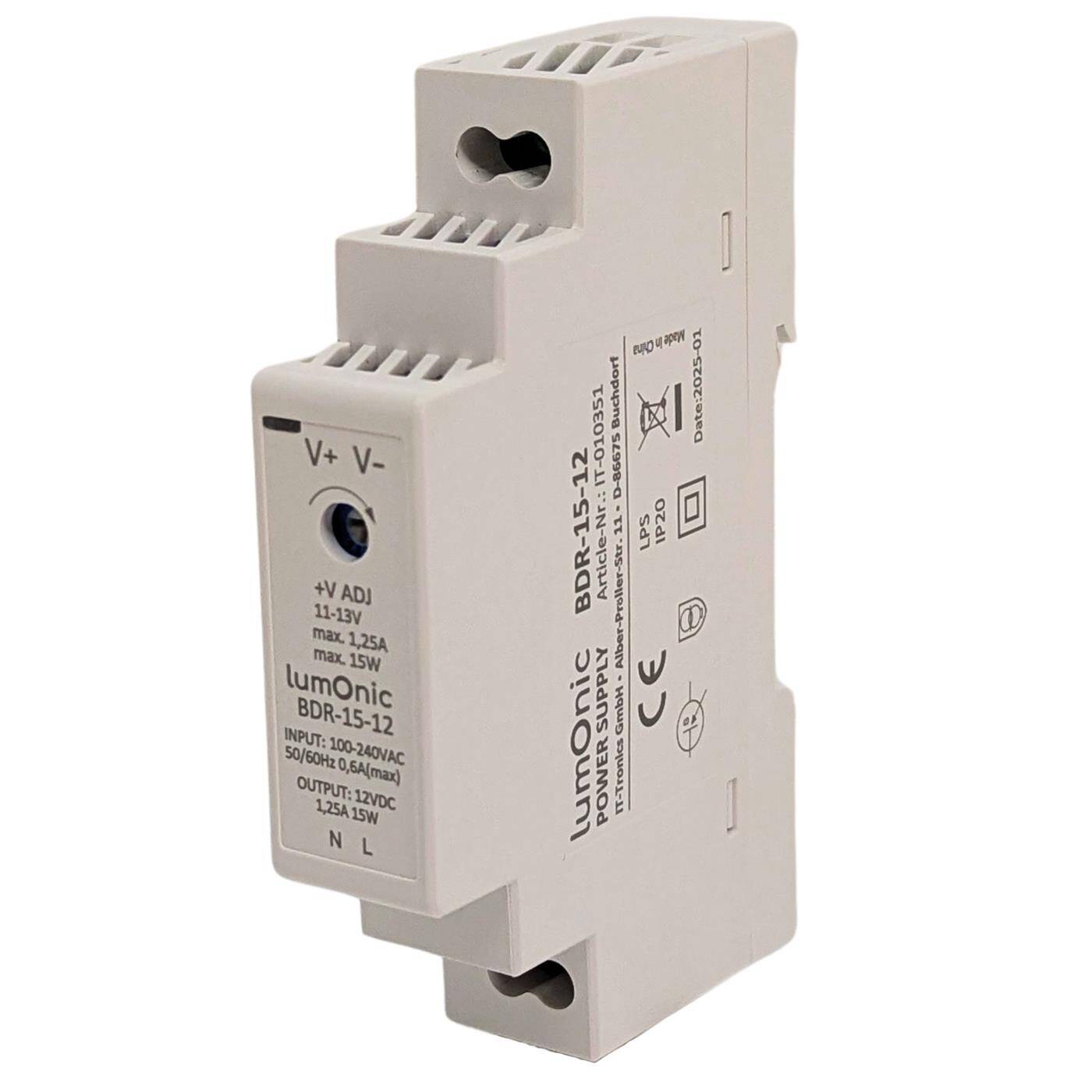 Lumonic I Top-hat rail power supply unit BDR-15-12 I 12V / 15W I Input 100-240VAC I Overload protection I DIN-Rail switching power supply I Switch cabinet