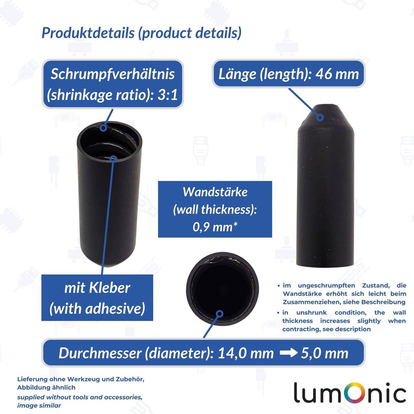 Warmschrumpf Endkappe mit Kleber 14 -> 5mm schwarz Verhältnis 3:1 vernetztes Polyolefin Schrumpfkappe für Kabel, Rohre und Seile