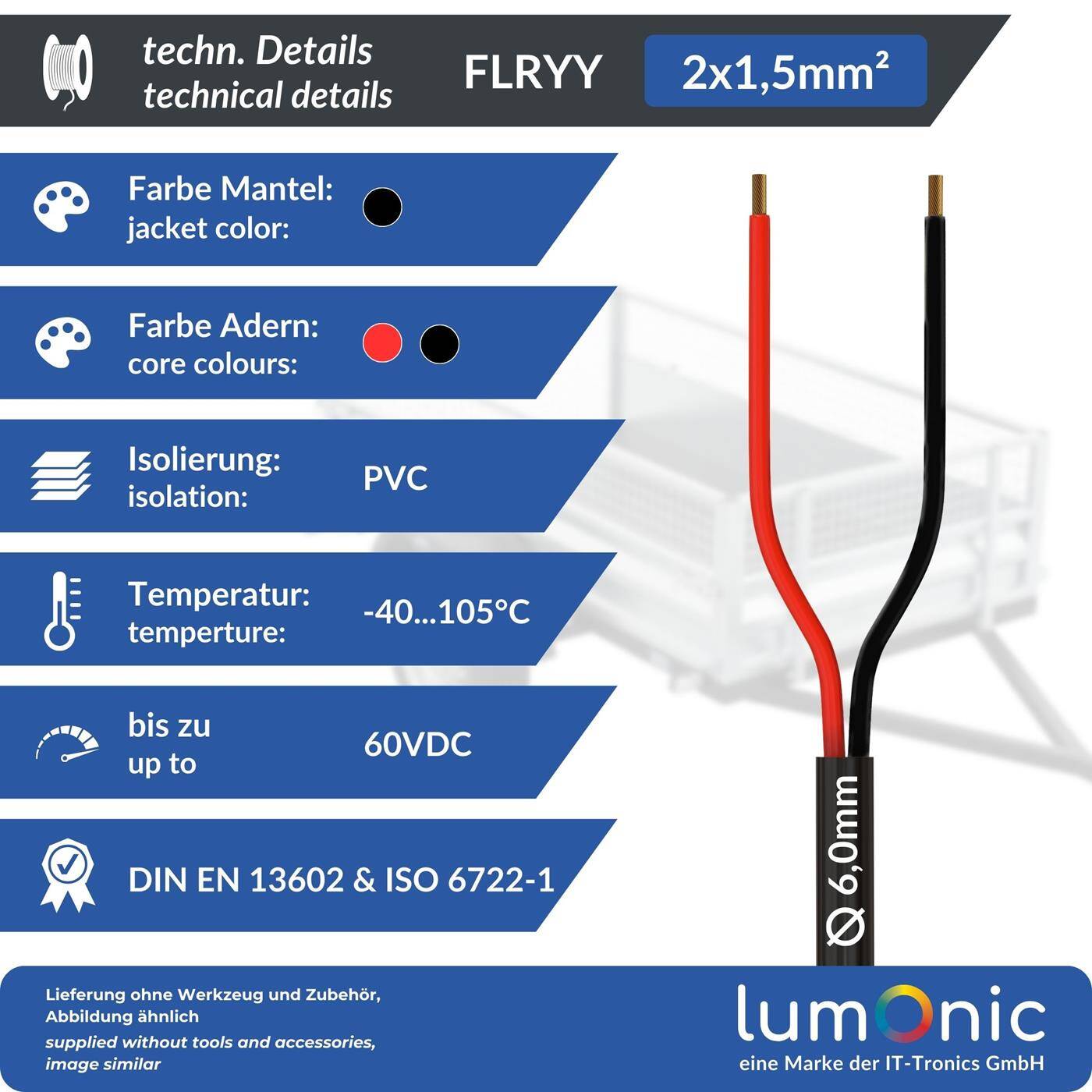 Lumonic 1m FLRYY Fahrzeugleitung 2x1,5mm² schwarz | 2-adrig | Anhängerkabel | mehradriges KFZ-Kabel | Öl- und Kraftstoffbeständig, flammwidrig | Niedervolt