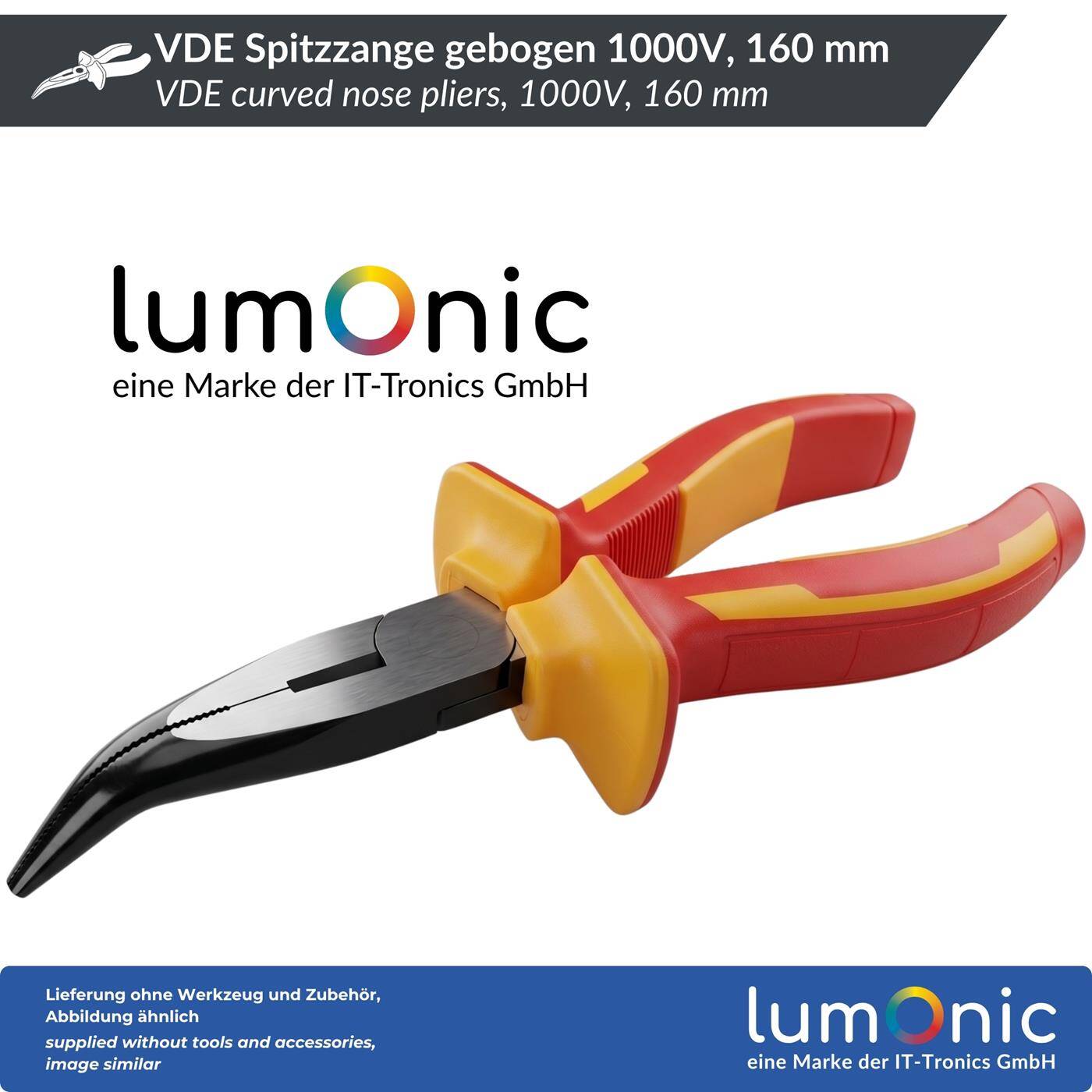 Lumonic VDE Curved Nose Pliers, 1000 V, 160 mm — Angled tips for tight spaces, 60CrV steel, two-component handle, for distribution panels and control cabinets