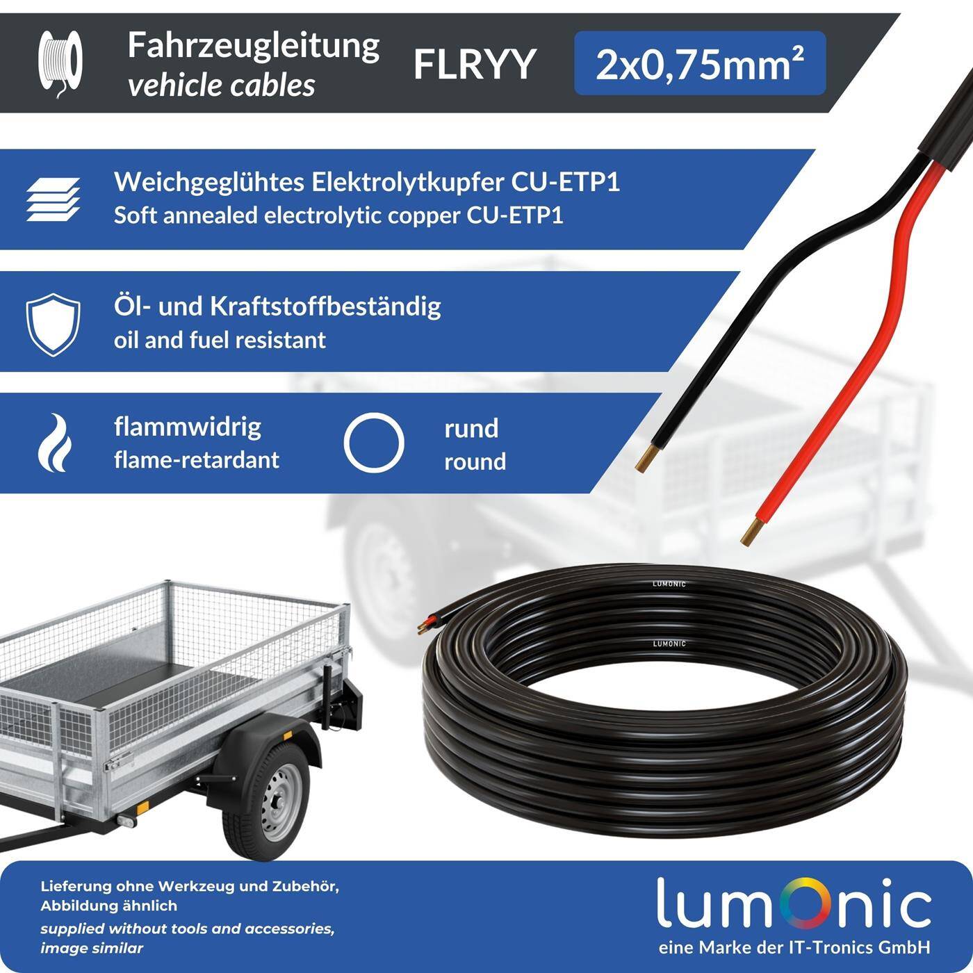 Lumonic 1m FLRYY Vehicle cable 2x0,75mm² black | 2-wire | Trailer cable | Multi-core automotive cable | Oil and fuel-resistant, flame-retardant | Low voltage