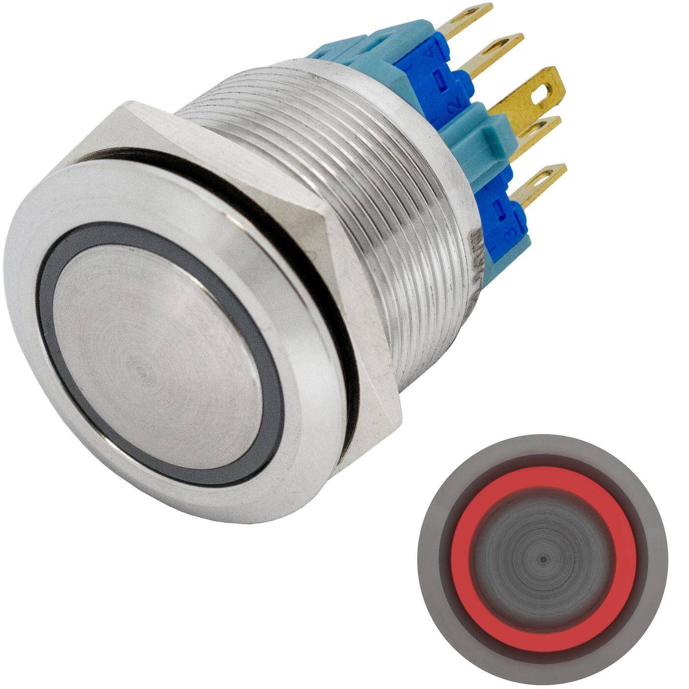 Stainless steel Pressure switch domed Ø22mm Ring LED Red IP65 2,8x0,5mm Pins 250V 3A Vandal-proof