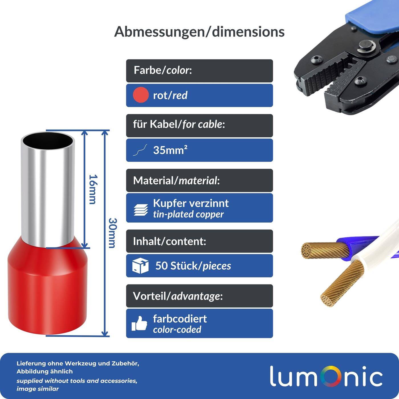Lumonic 50 x 35mm² Aderendhülsen isoliert rot I Die Länge beträgt 16mm, der Durchmesser des Kunstoffkragen 12,7mm I Verzinnt zum Schutz gegen Korrosion