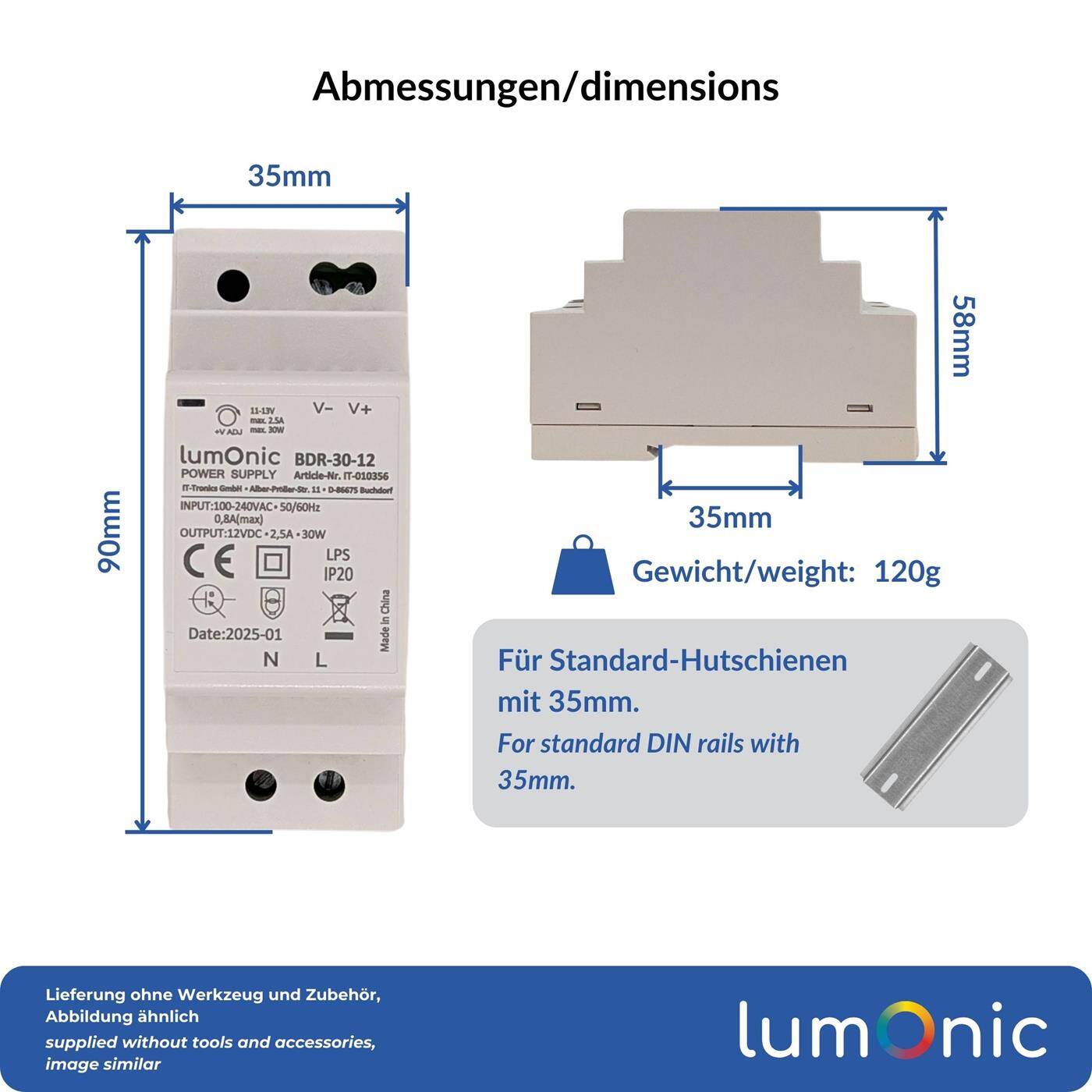 Lumonic I Netzteil Hutschiene BDR-30-12 I 12V / 30W I Input 100-240VAC I Überlastschutz & kurzschlussfest I DIN-Rail Schaltnetzteil I Schaltschrank & Verteilerkasten