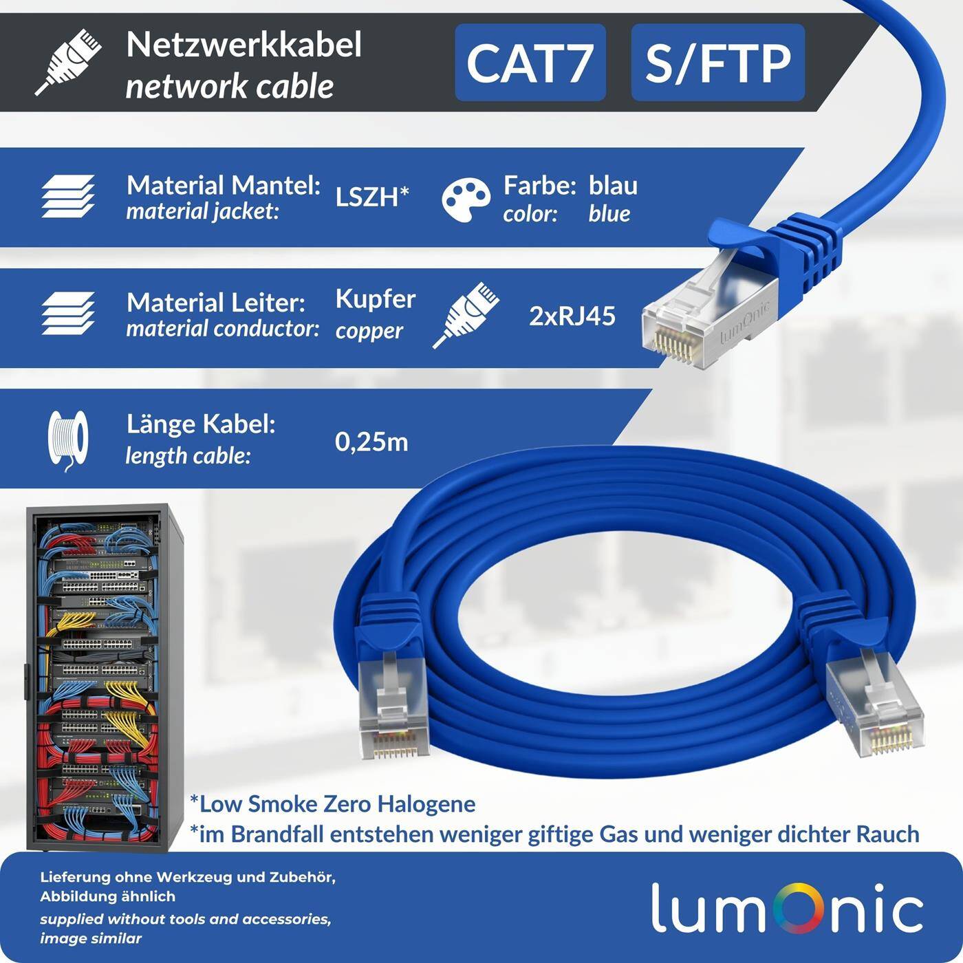0,25m CAT7 Patch Cable S/FTP RJ45 Blue Ethernet LAN Network cable