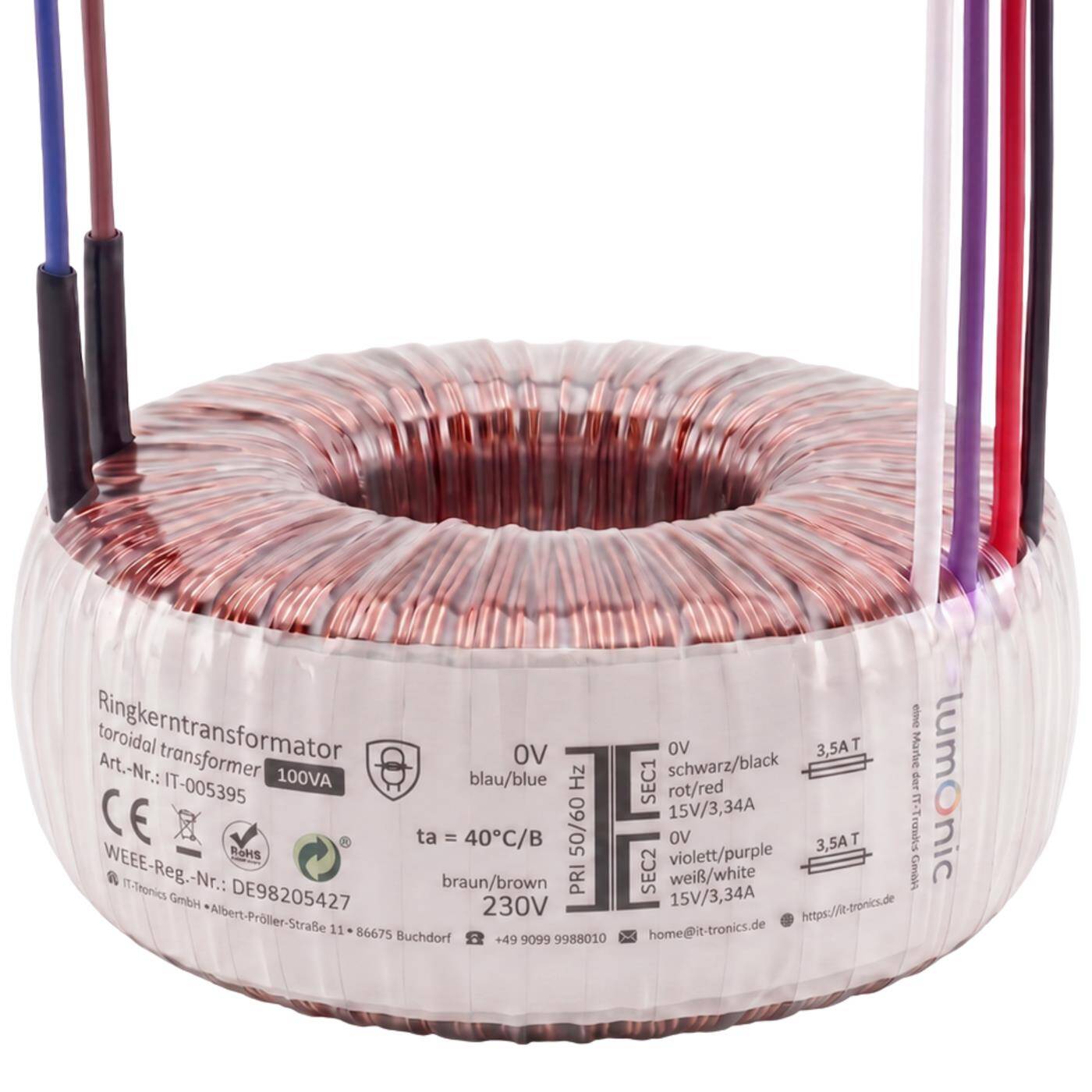 Lumonic Ringkerntrafo Transformator 100VA | Primär 230V AC | Sekundär 2x 15V AC oder 1x 30V AC | Brummarm | Transformator für HiFi Audio Verstärker