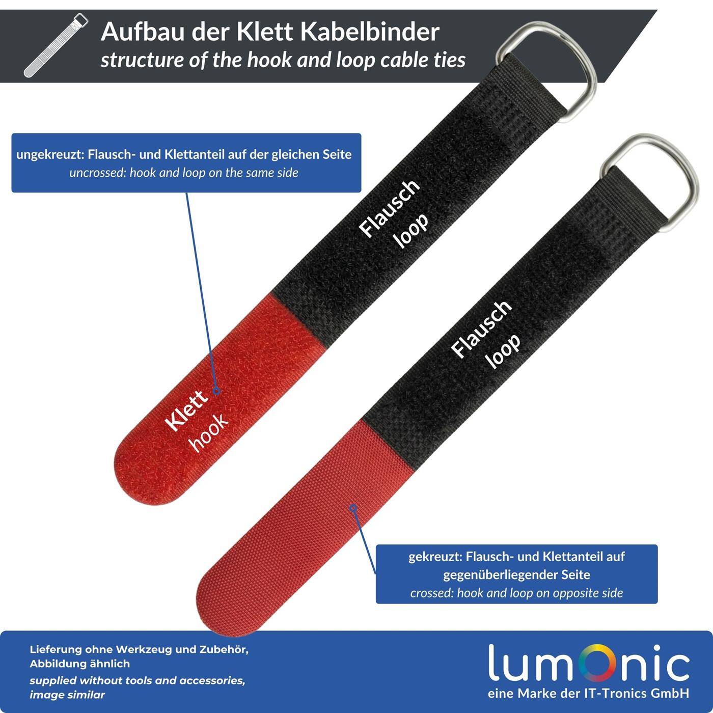 Lumonic 10 Stück Klettkabelbinder schwarz / blau | 200x20mm | normal | robuste Metallöse, Kabelklett mehrfach wiederverwendbar | einfaches Kabelmanagement und Ordnung